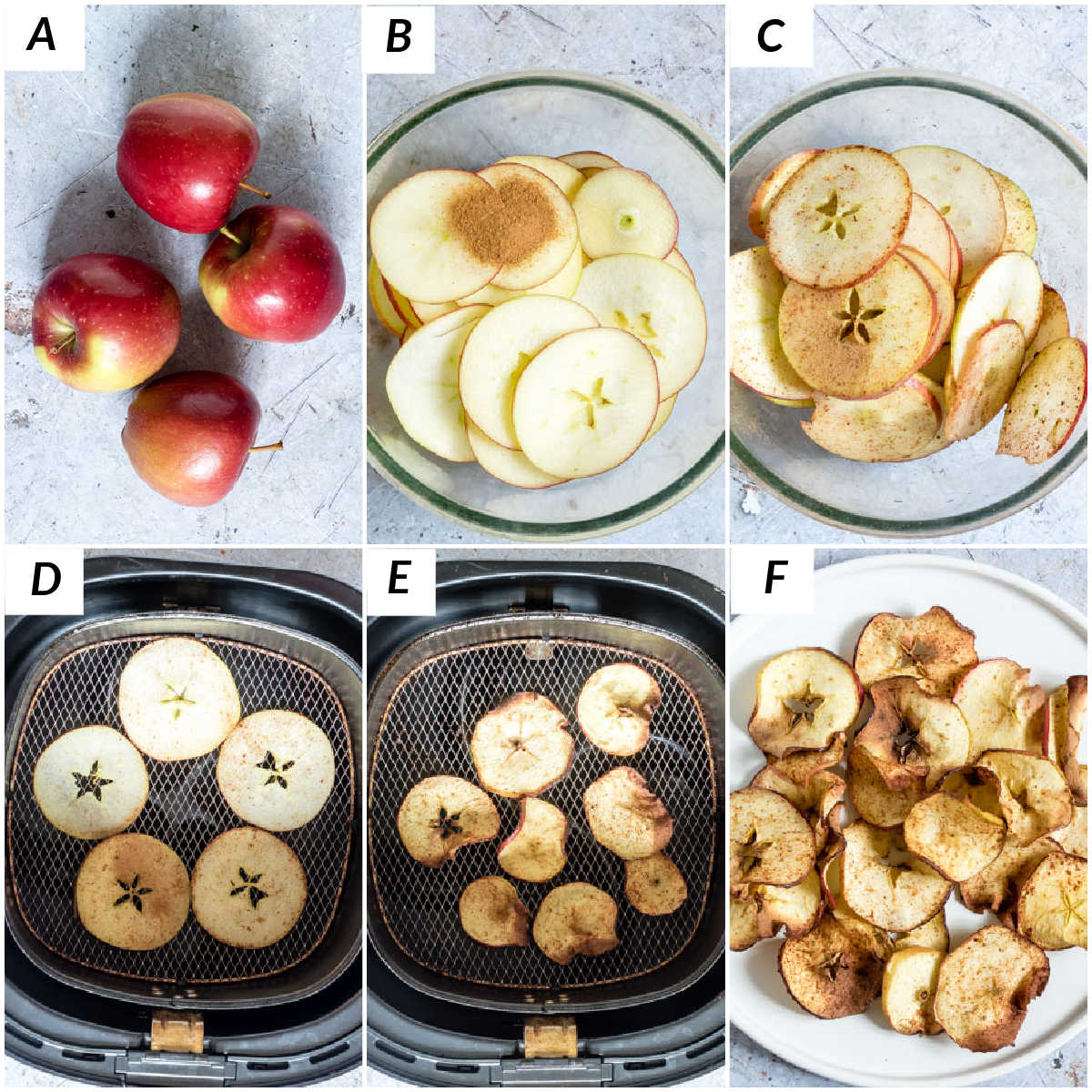 image collage showing the steps for making this apple chips air fryer recipe