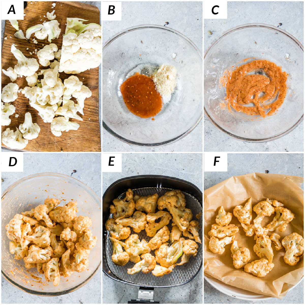 image collage showing the steps for making cauliflower wings air fryer