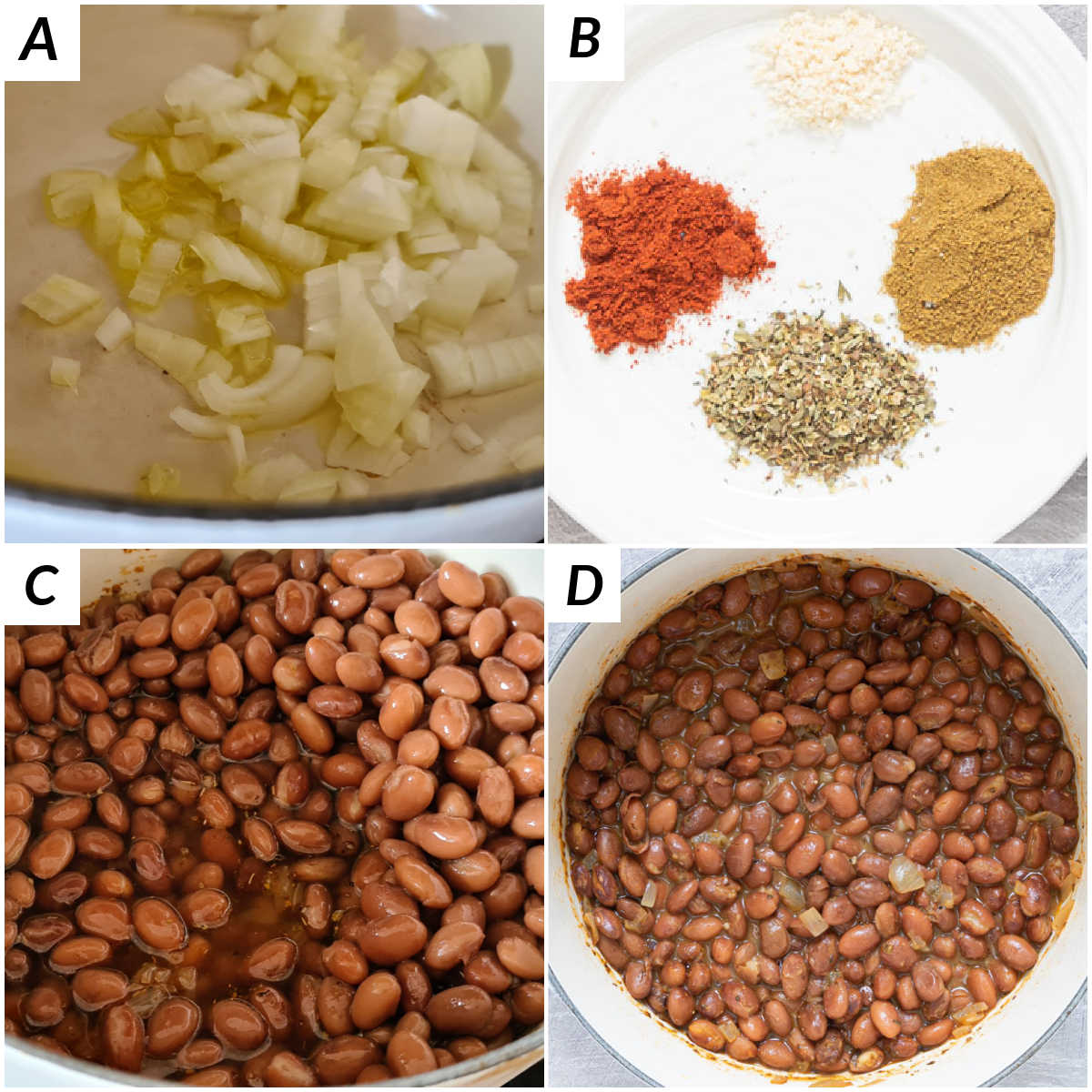 image collage showing the steps for how to cook canned pinto beans