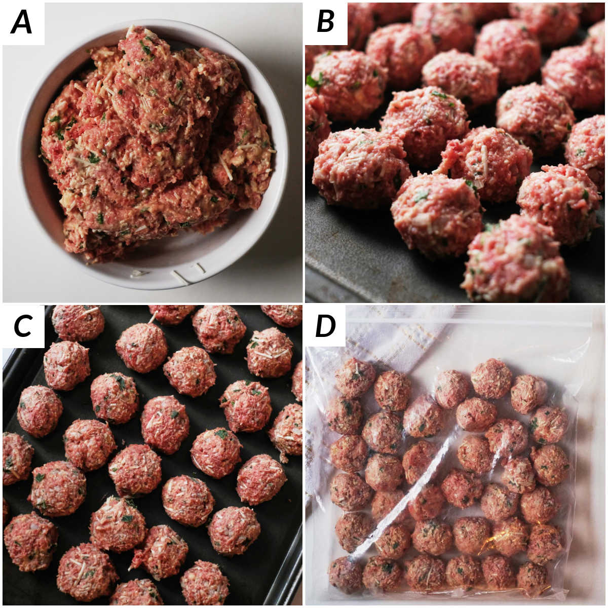 image collage showing the steps for how to freeze meatballs