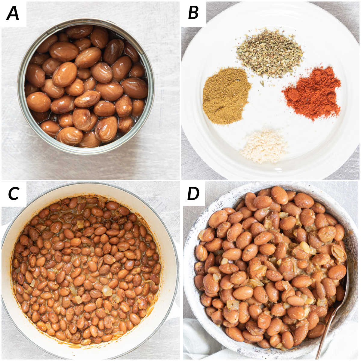 image collage showing the steps for how to season pinto beans
