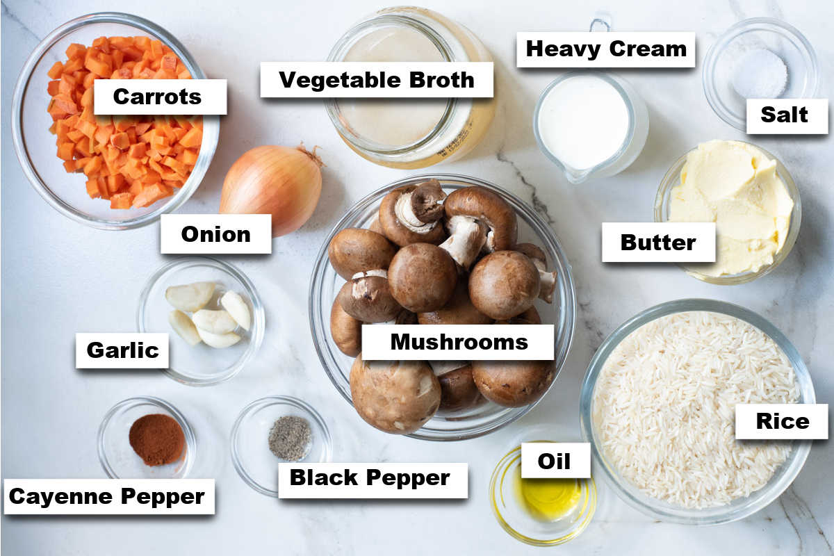 the ingredients needed for making this mushroom rice recipe