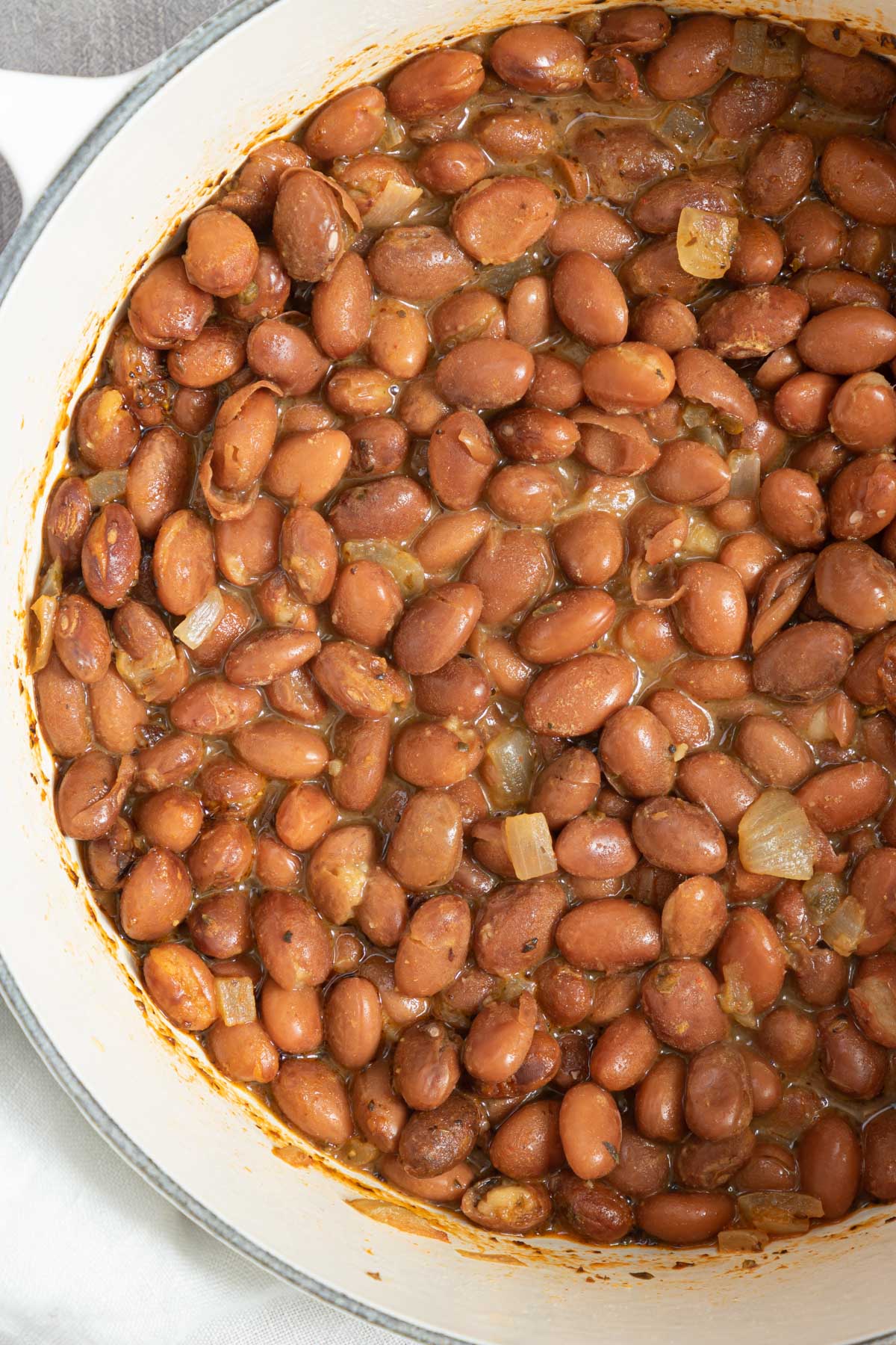 close up view of the completed canned pinto beans recipe