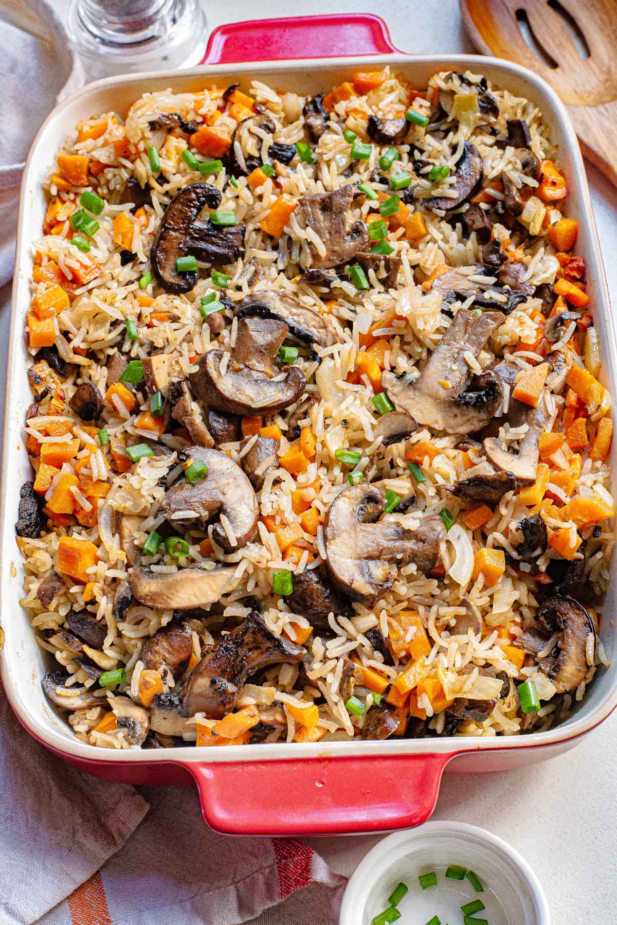 top down view of the finished mushroom rice