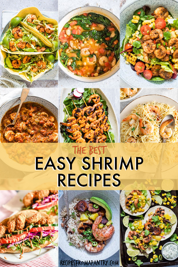 A collage of images of dishes made with shrimp