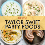 A collage of images of dishes to serve at a Taylor Swift theme party