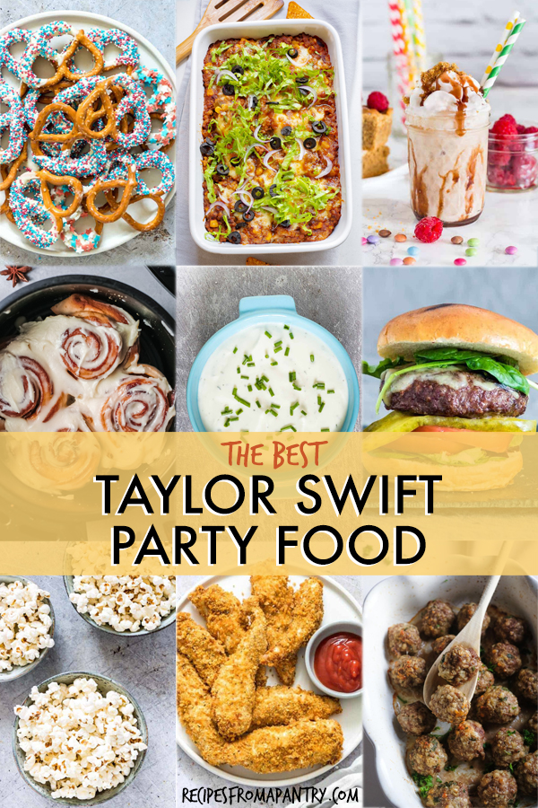 A collage of images of dishes to serve at a Taylor Swift theme party