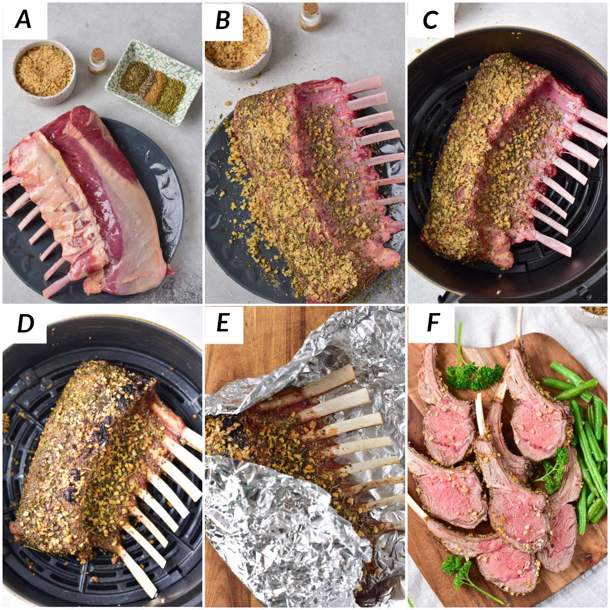 image collage showing the steps for making air fryer rack of lamb