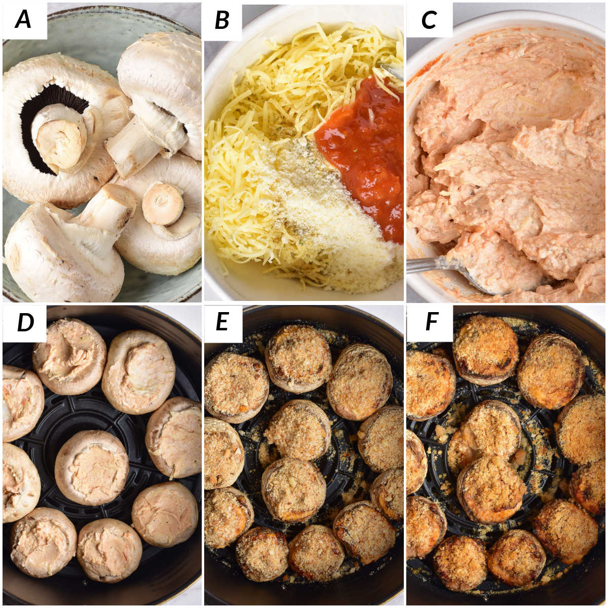 image collage showing the steps for making air fryer stuffed mushrooms