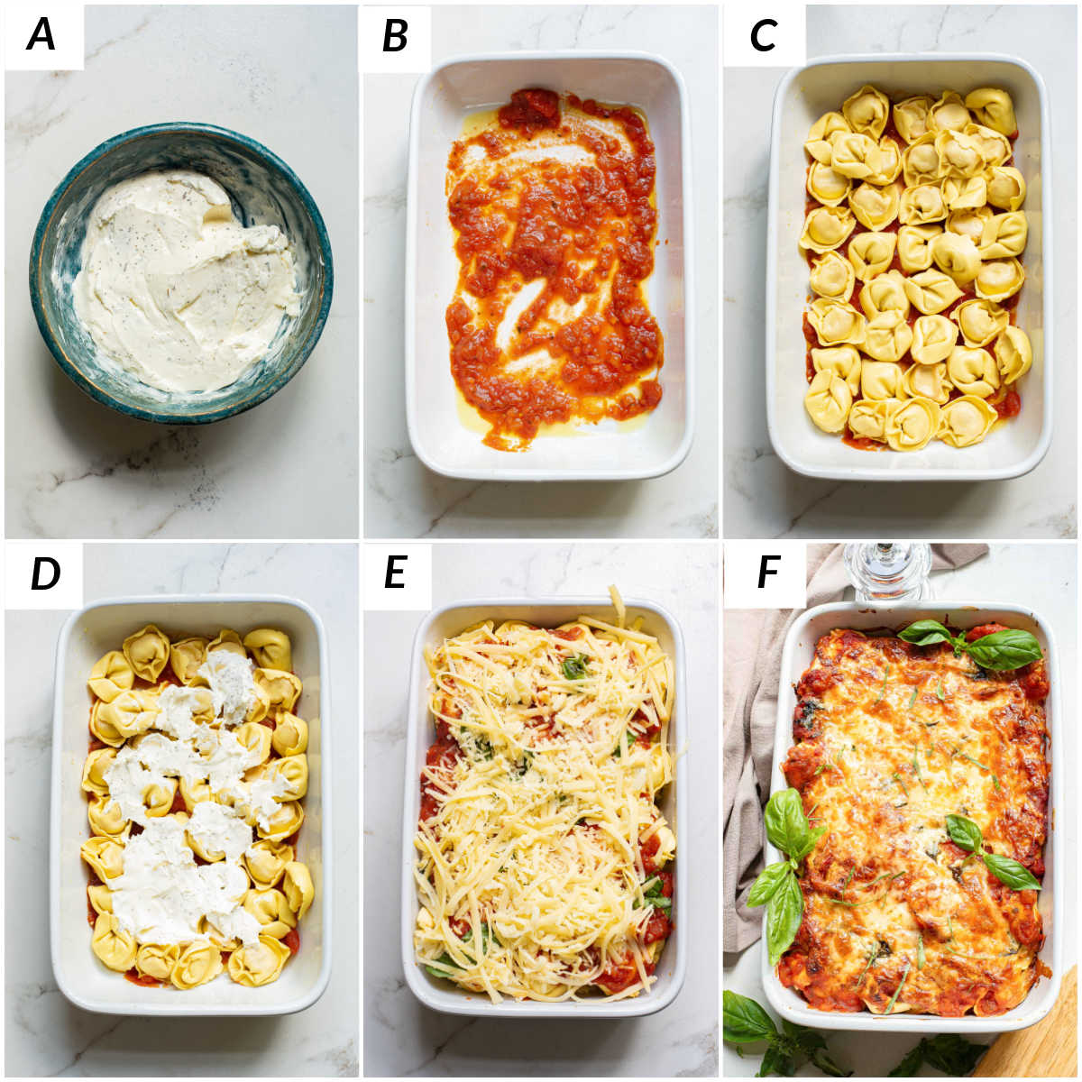 image collage showing some of the steps for making this tortellini bake