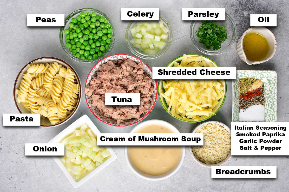 the ingredients for making this cheesy tuna casserole recipe