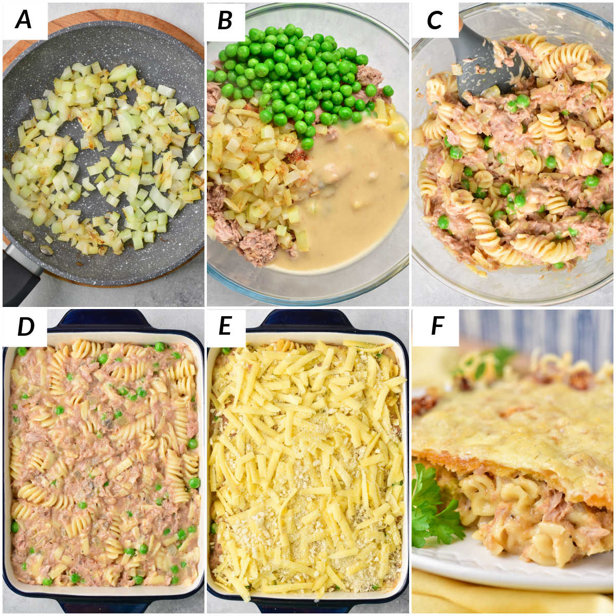image collage showing the steps for making cheesy tuna casserole with green peas