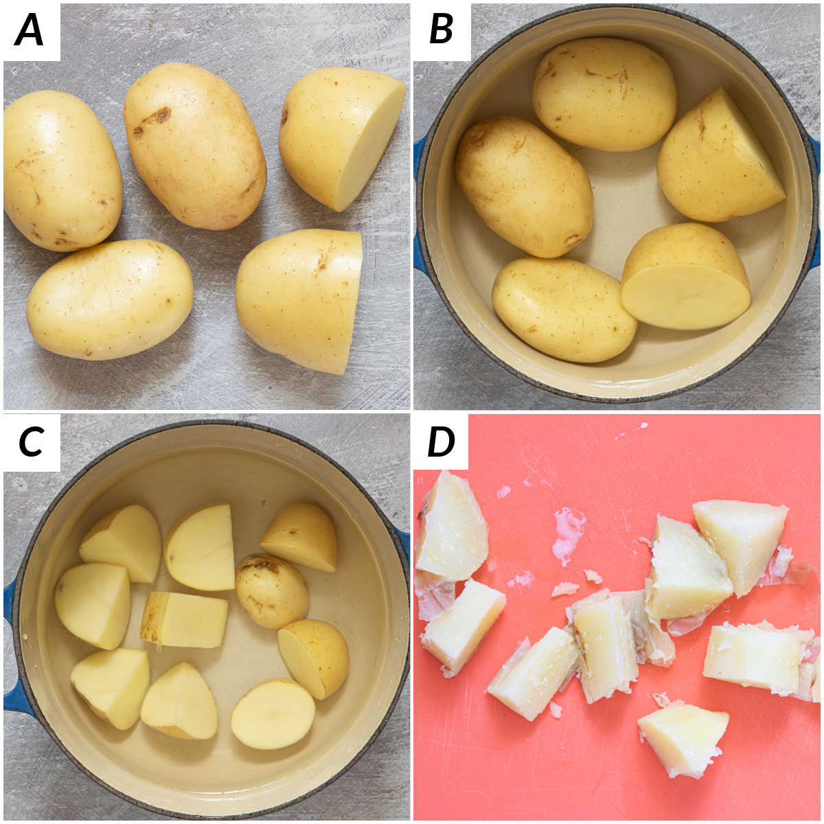 image collage showing the steps for how long to boil potatoes for potato salad recipe