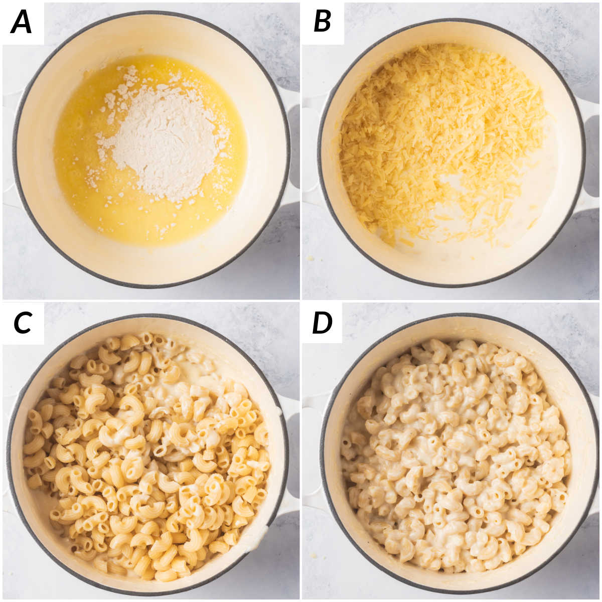 image collage showing the steps for making stovetop mac and cheese