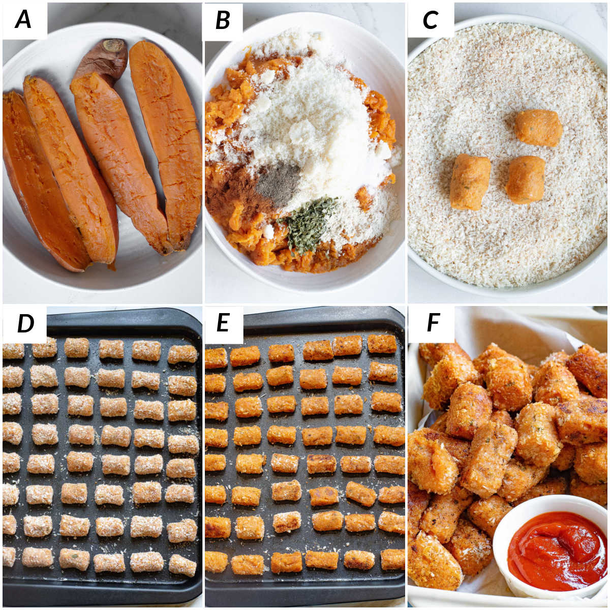 image collage showing the steps for making this sweet potato tater tots recipe