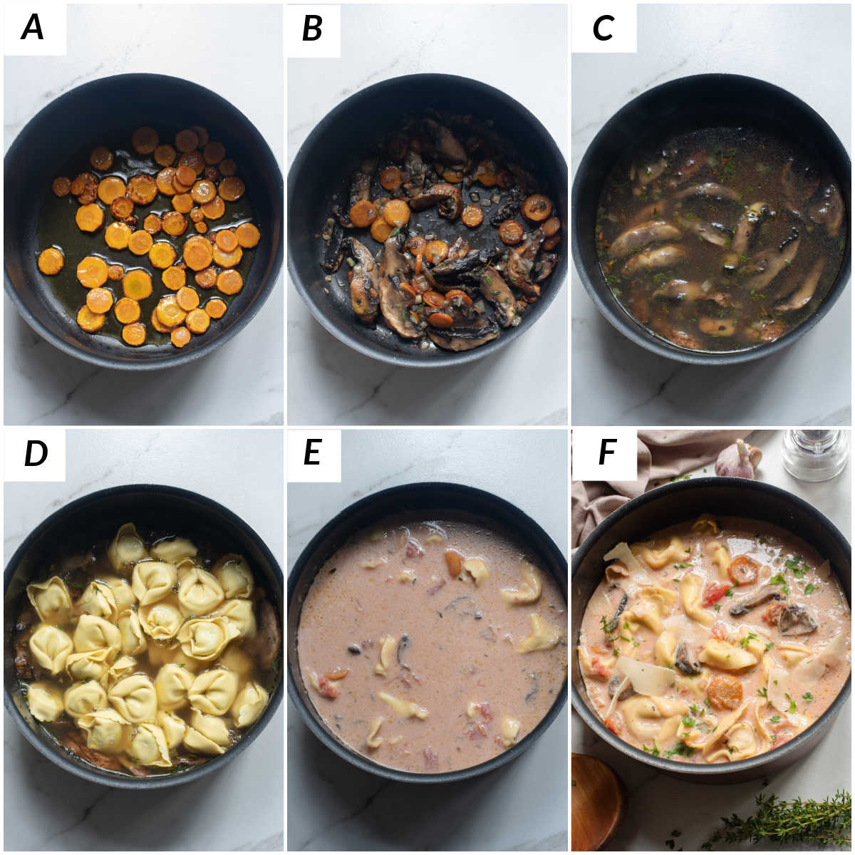 image collage showing the steps for making tomato tortellini soup