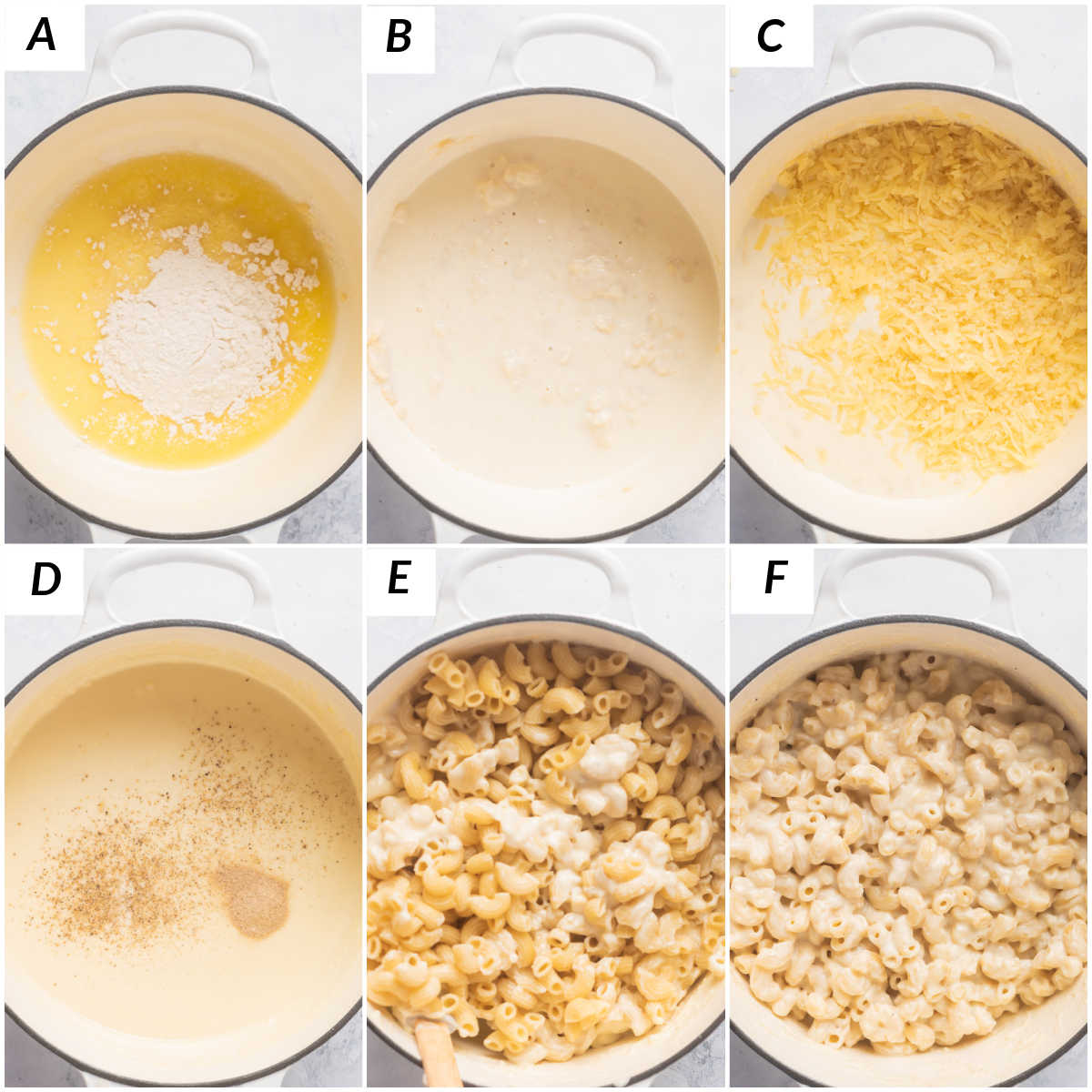 image collage showing the steps for making white cheddar mac and cheese