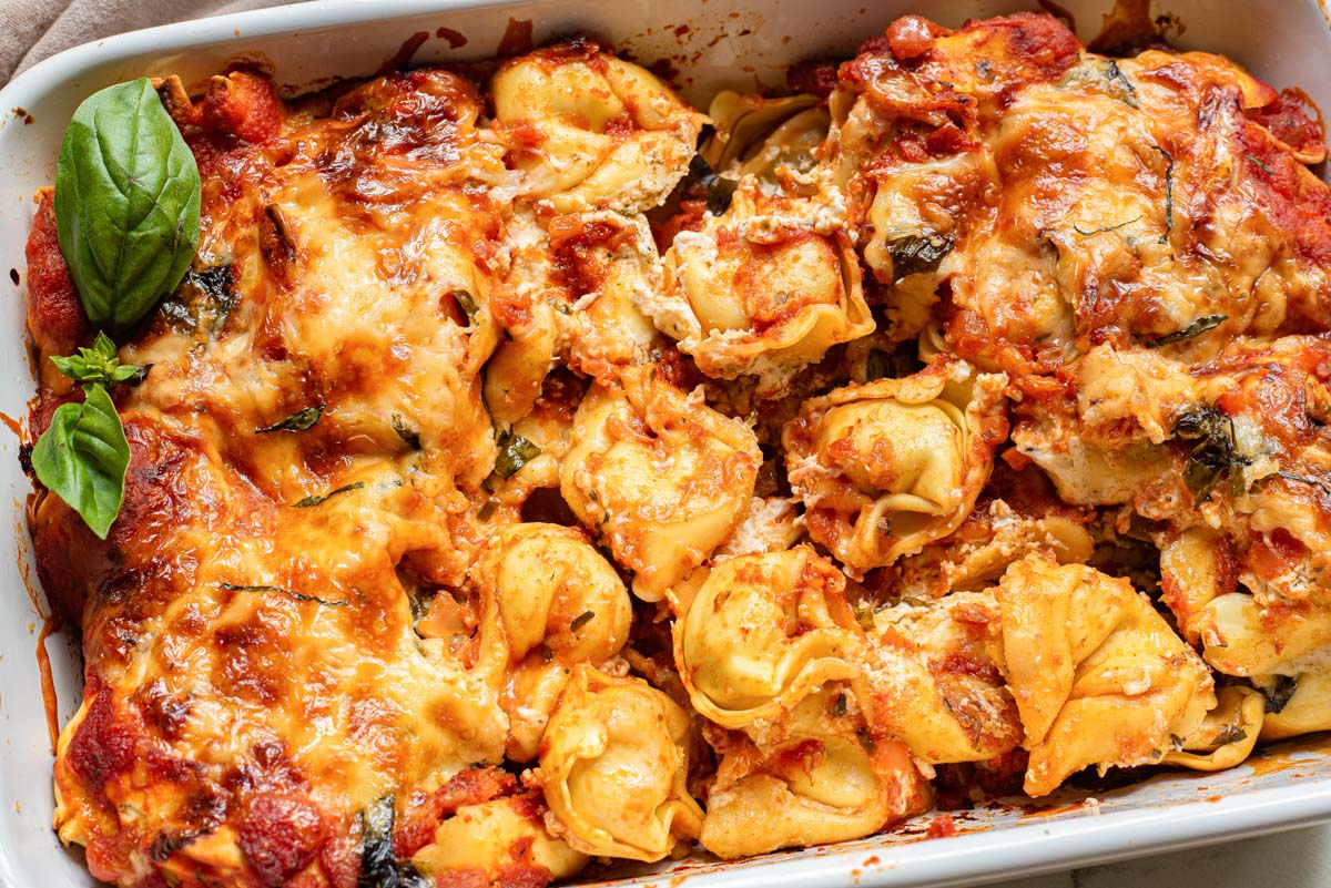 close up view of the baked tortellini casserole
