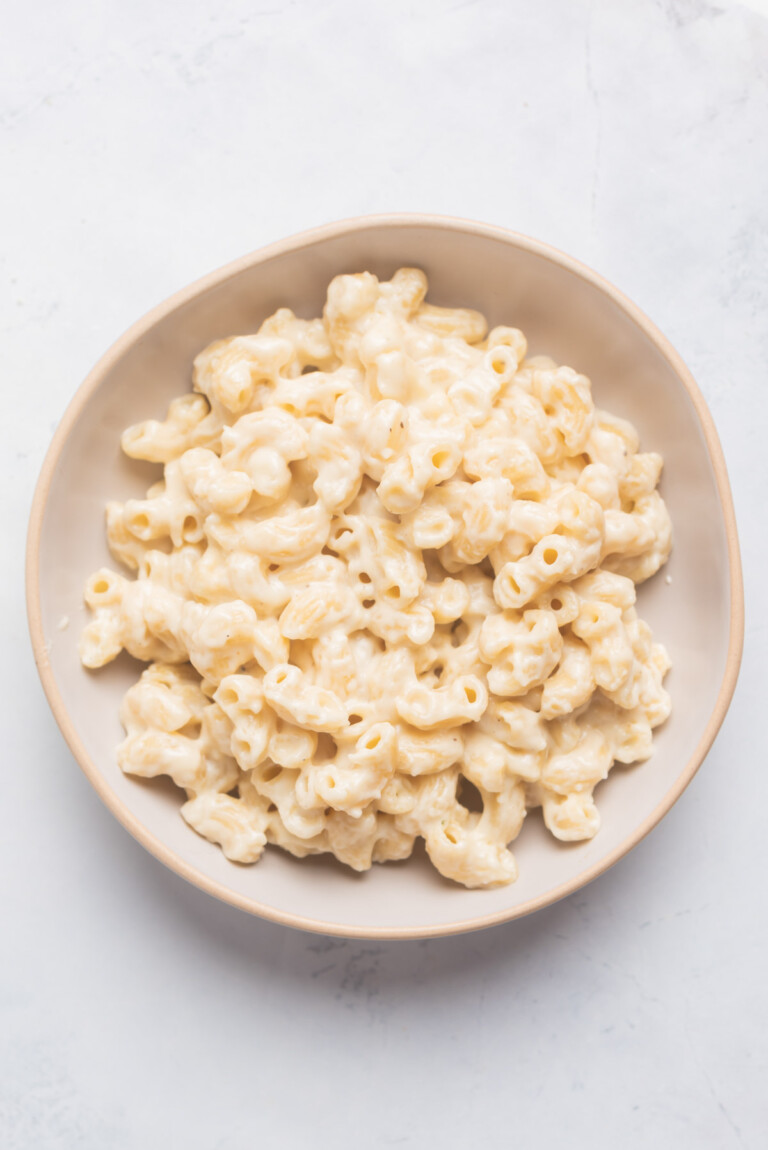 top down view of a bowl filled with white cheddar mac and cheese