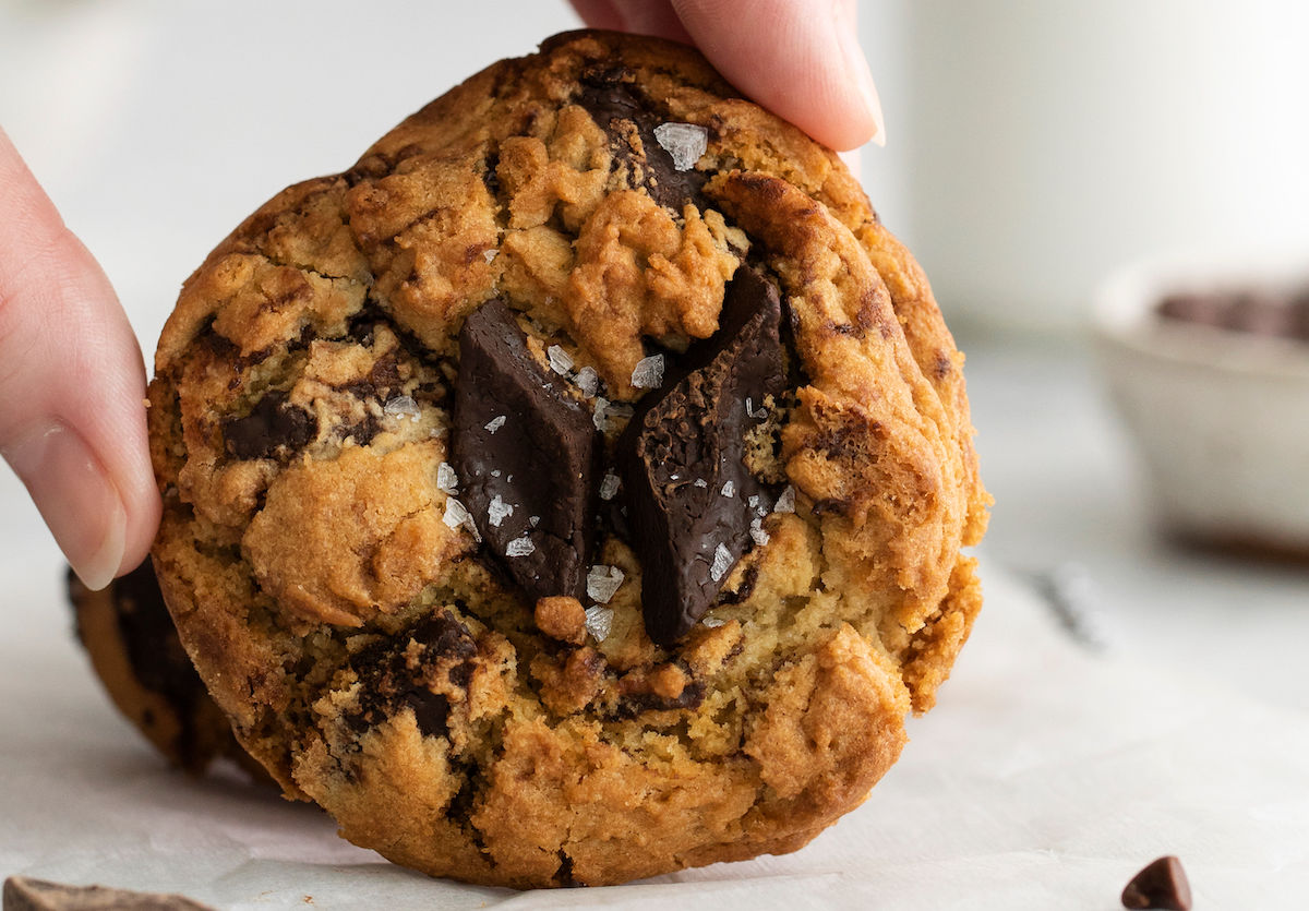 profile of one air fryer chocolate chip cookie