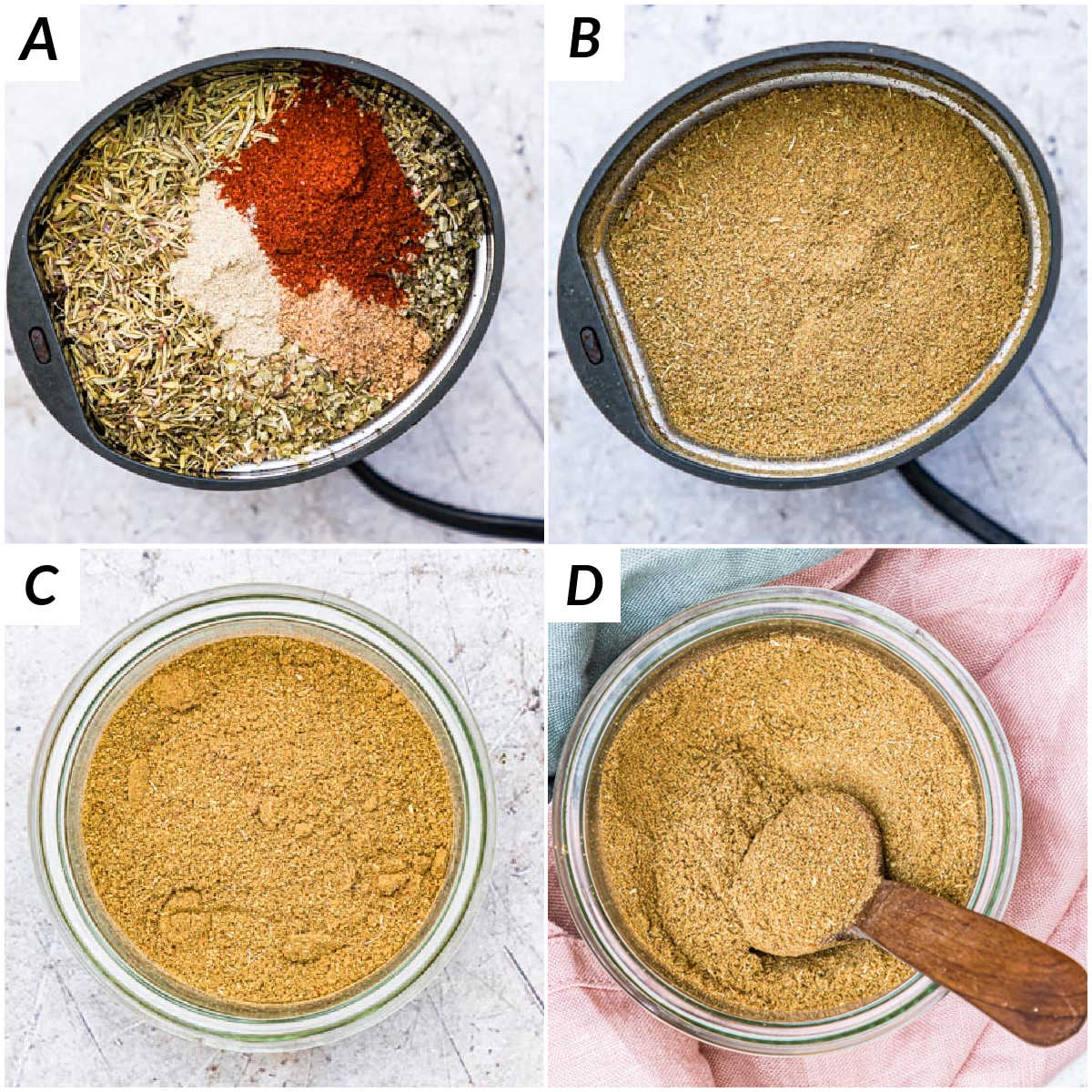 image collage showing the steps for making homemade poultry seasoning