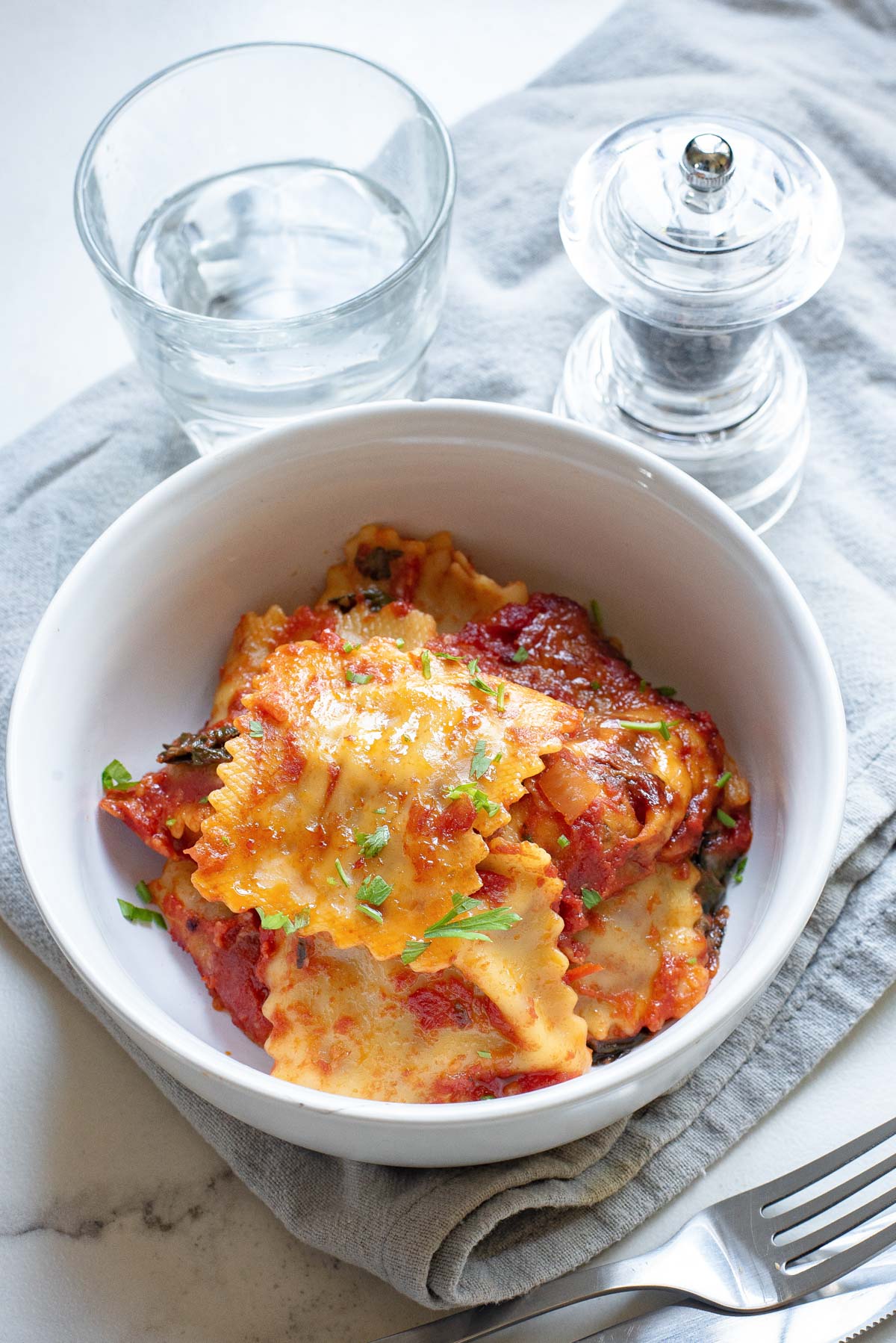 a serving of ravioli bake on a table