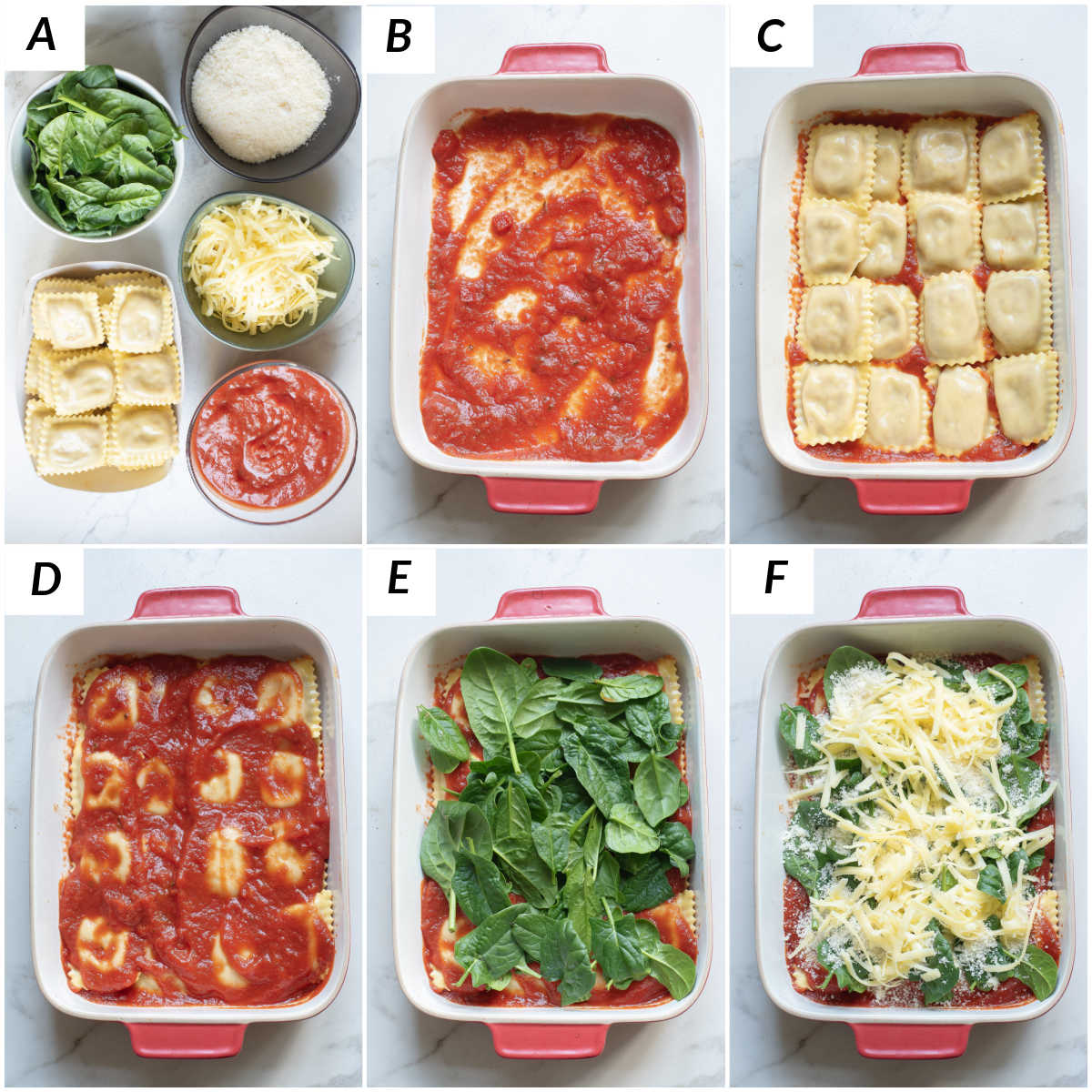 image collage showing the first steps for making ravioli bake