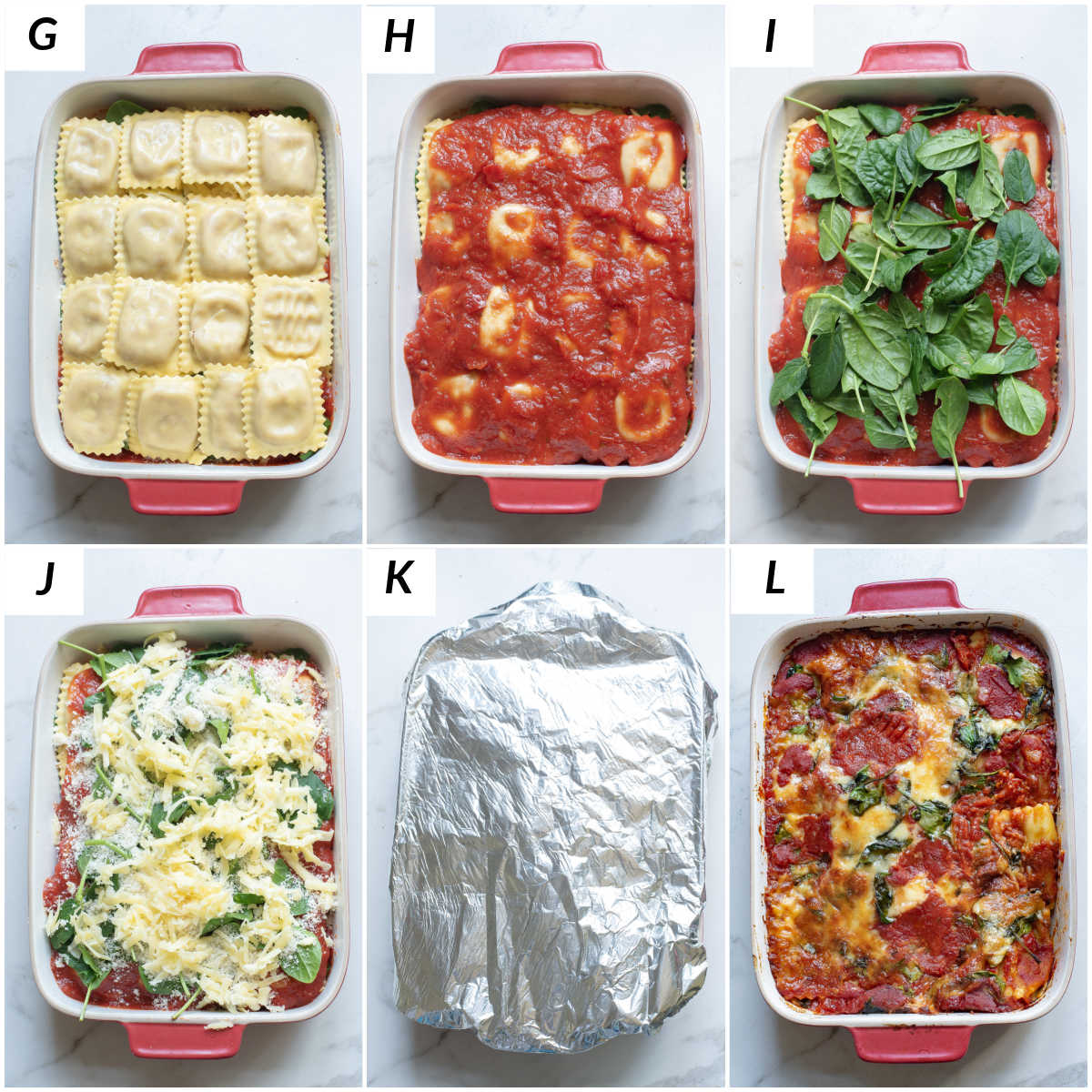 image collage showing the final steps for this ravioli bake recipe