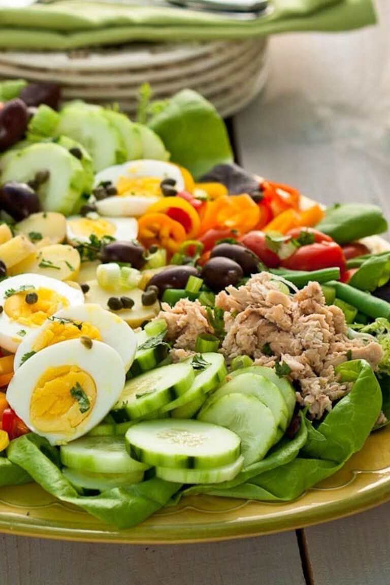 the completed salmon nicoise salad