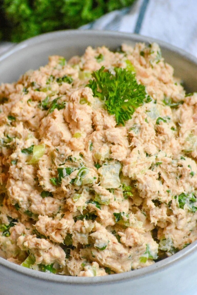 close up view of a bowl filled with salmon salad spread