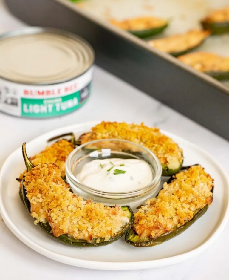 Tuna Jalapeno Poppers in a white plate with a white dipping sauce.