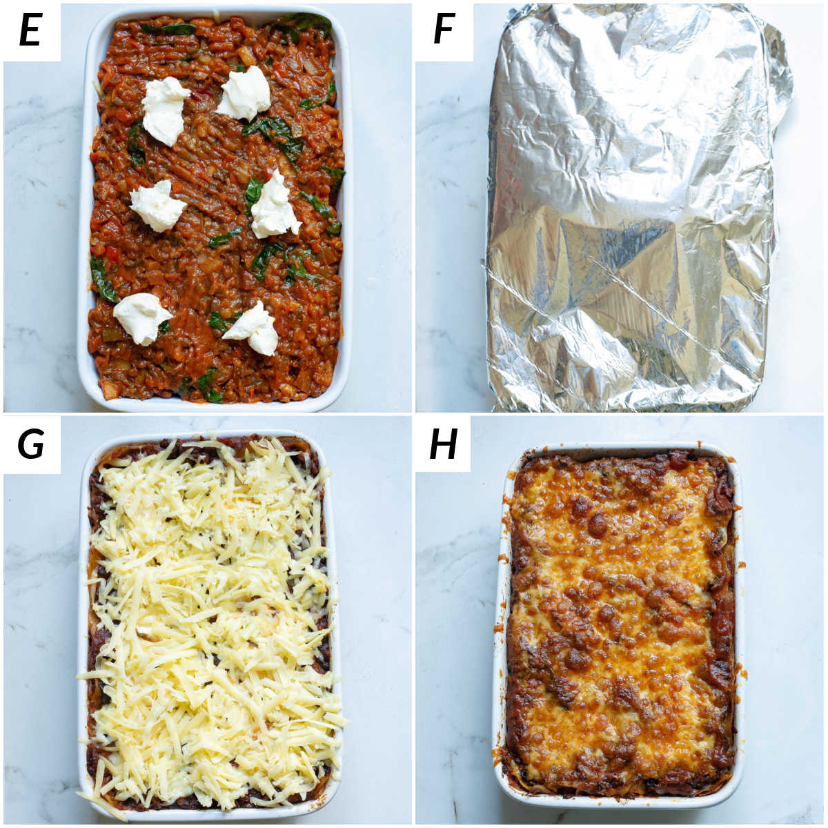 image collage showing the final steps for making vegan lasagna