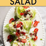 Overhead view of iceberg wedge salad on a serving dish