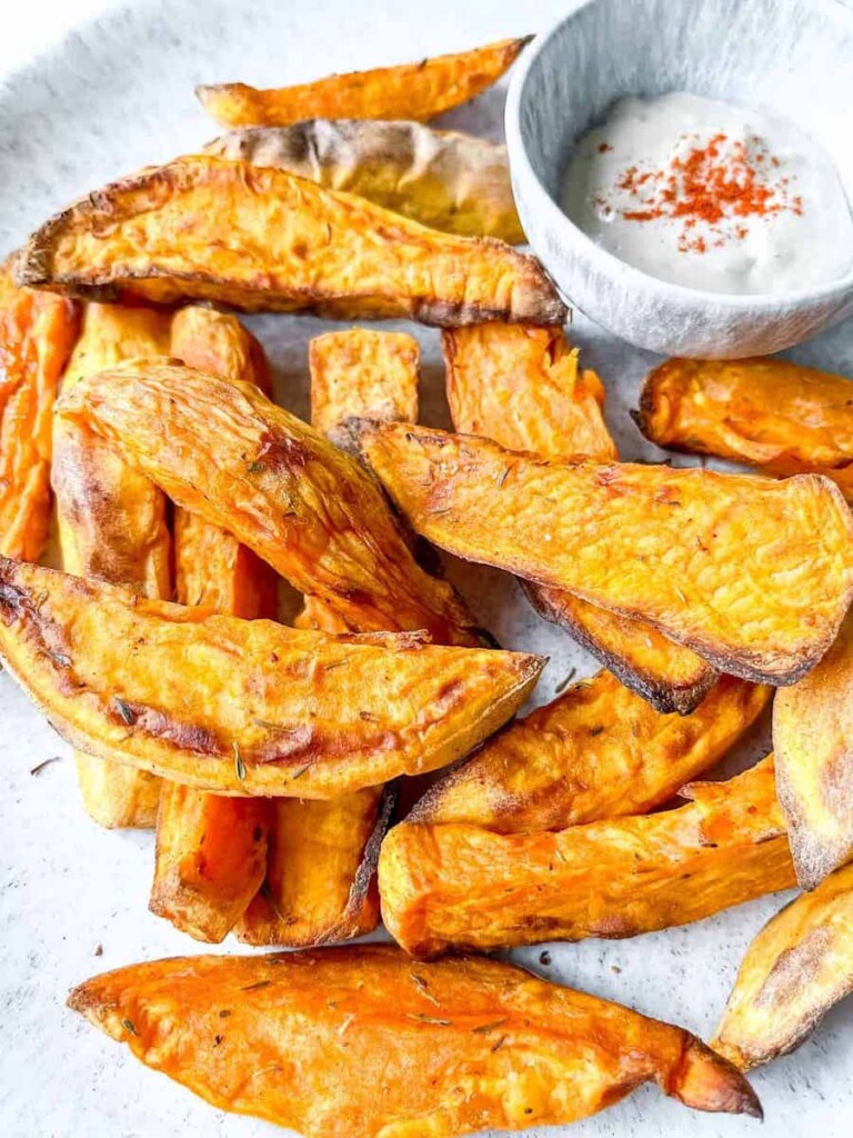 close up view of the air fryer sweet potato wedges