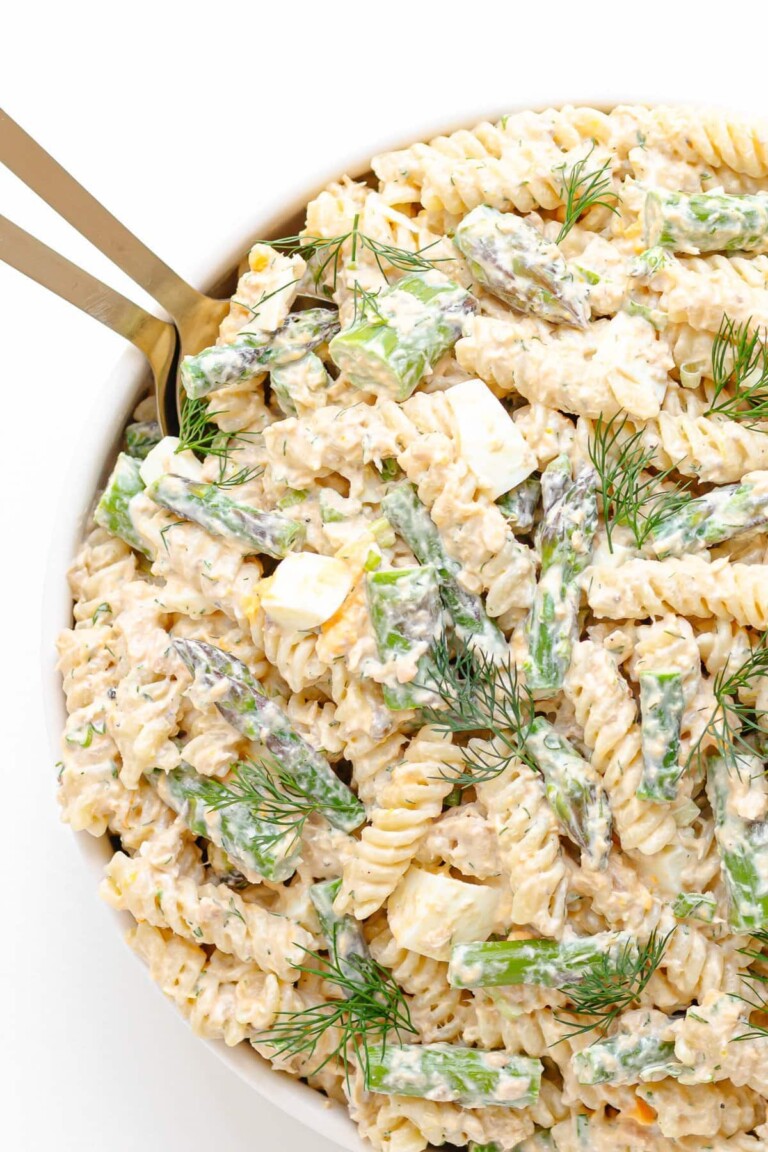 close up view of salmon asparagus pasta salad made with canned salmon