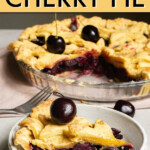 Cherry pie in a glass pie dish with a slice plated in front.