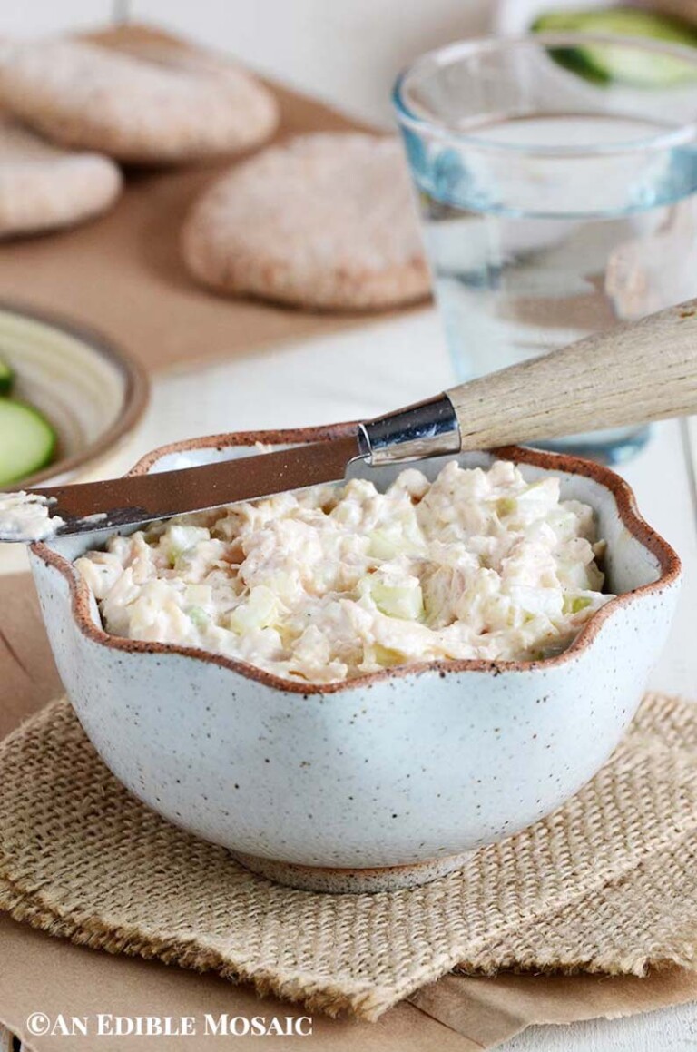a bowl filled with easy canned chicken salad