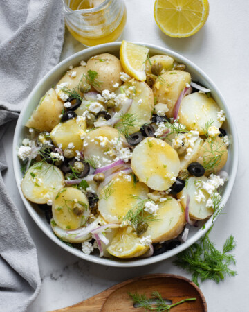 top down view of the completed greek potato salad recipe