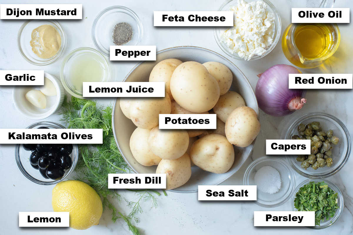 the ingredients for making greek potato salad