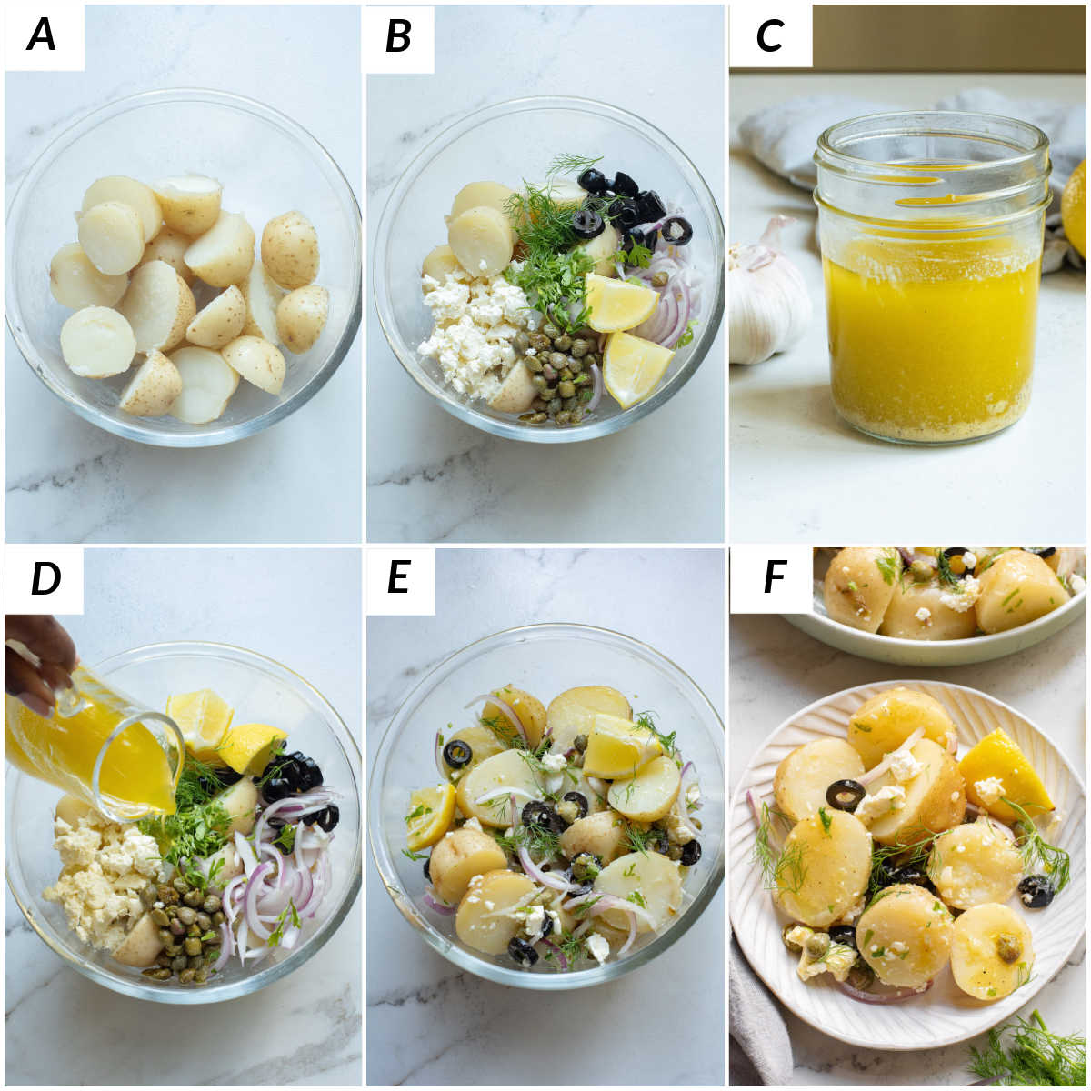 image collage showing the steps for making greek potato salad