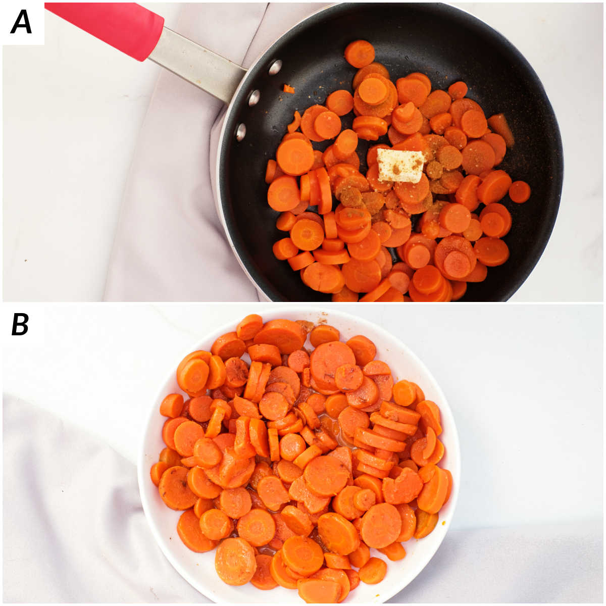 image collage showing the steps for how to cook canned carrots on the stove