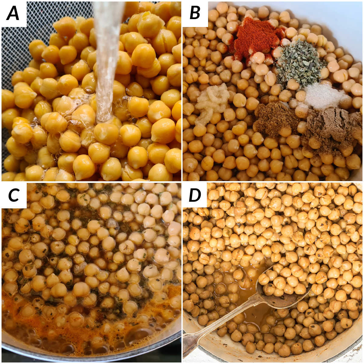 image collage showing the steps for how to cook canned chickpeas on stovetop