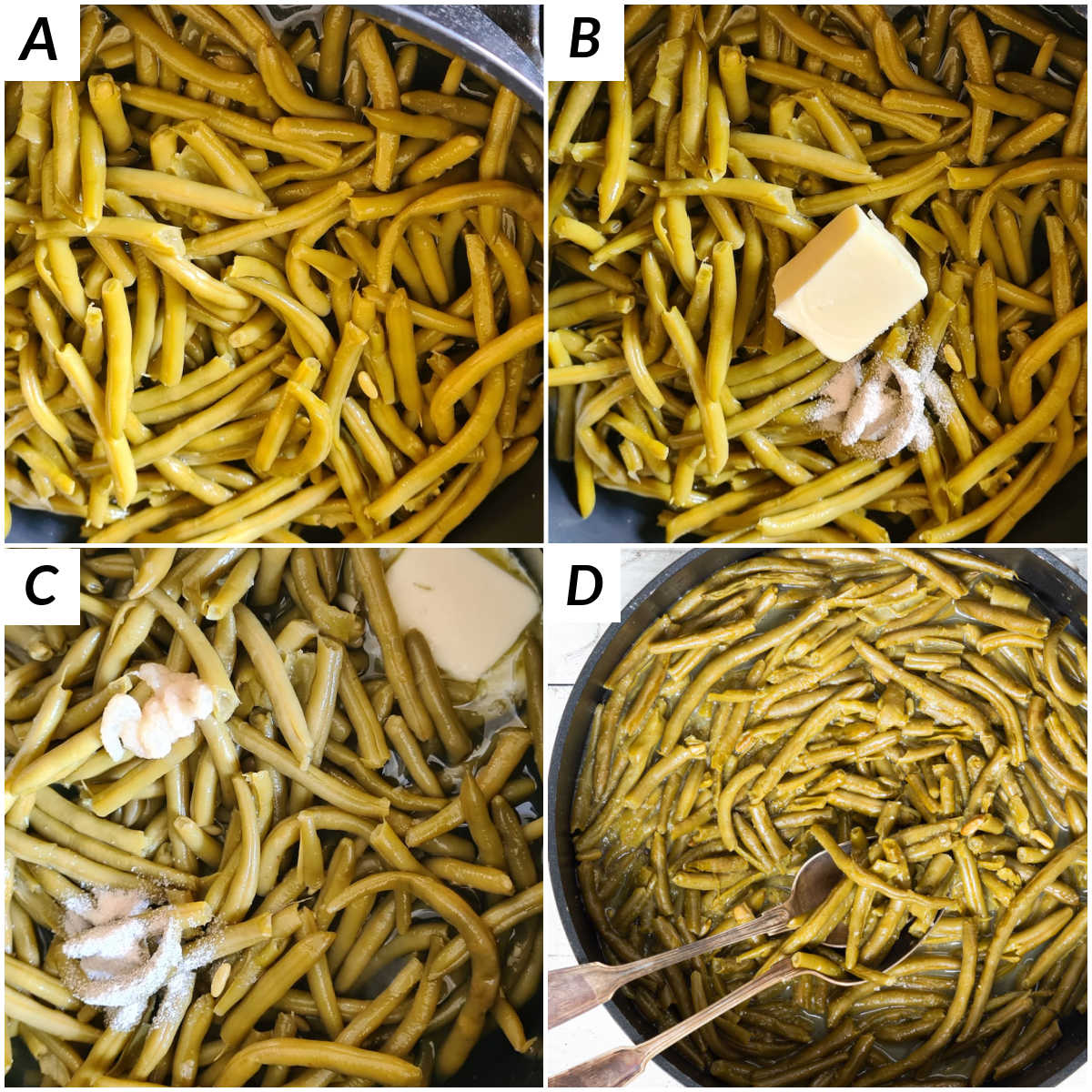 image collage showing the steps for how to cook canned green beans