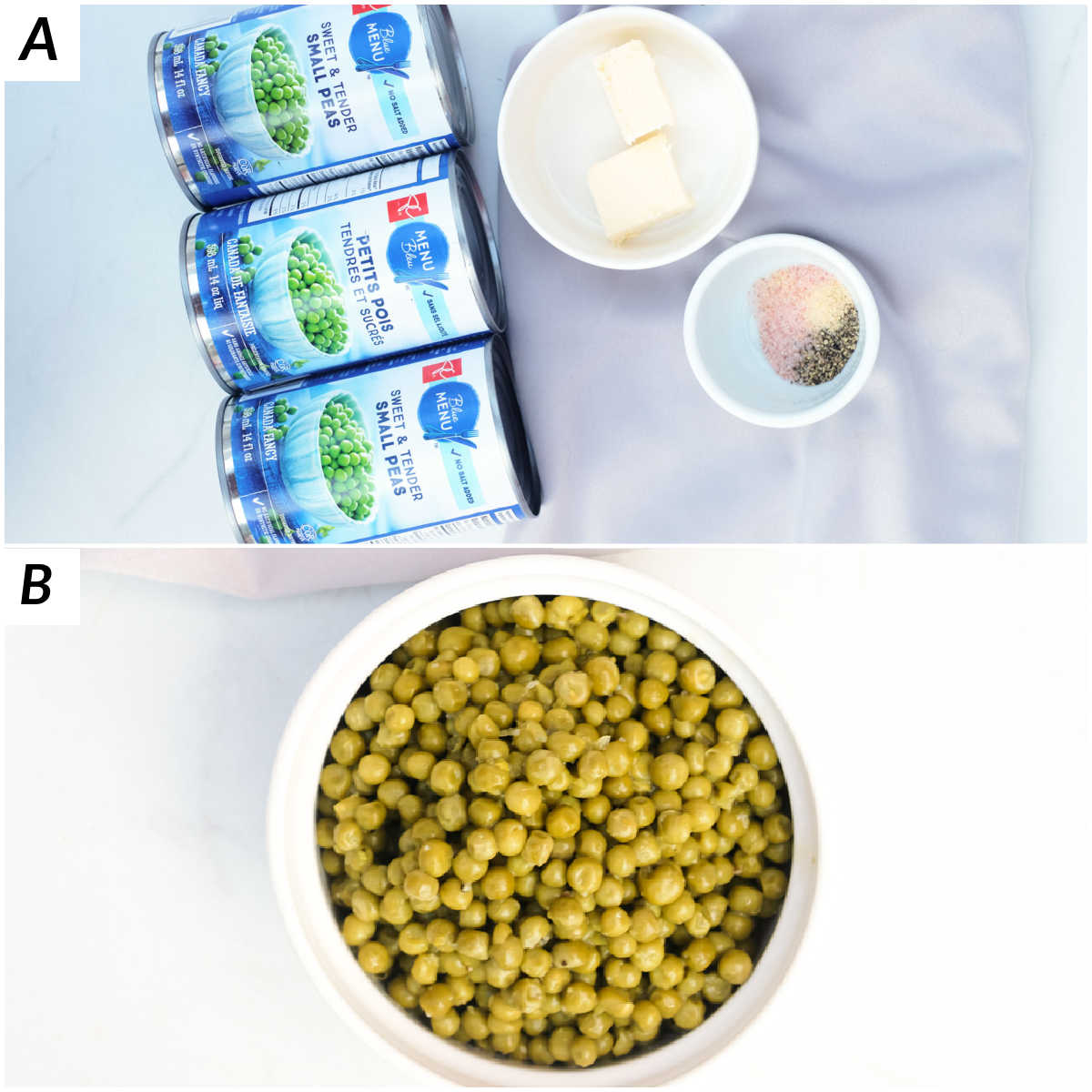 image collage showing the steps for how to cook canned peas in microwave
