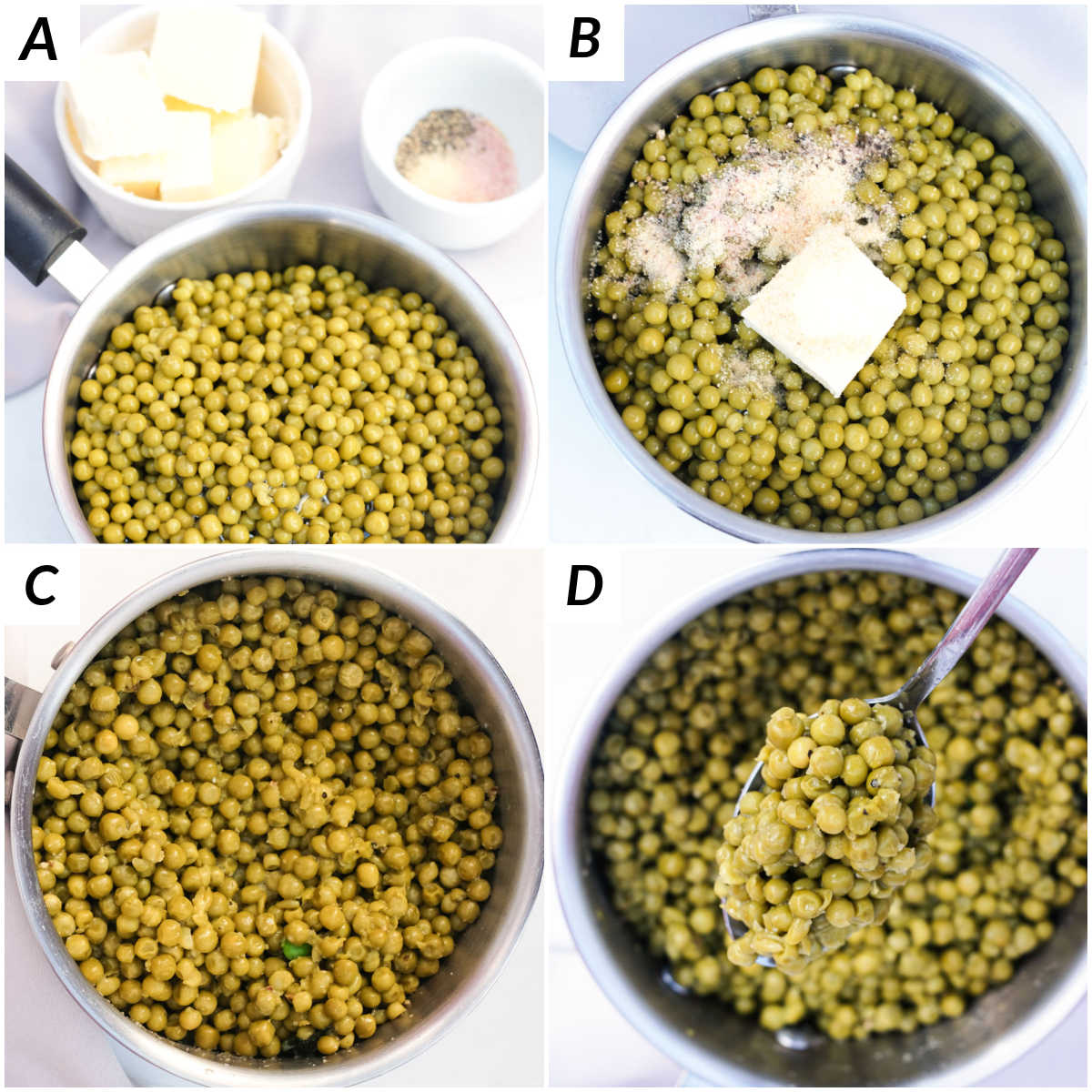 image collage showing the steps for how to cook canned peas on the stovetop