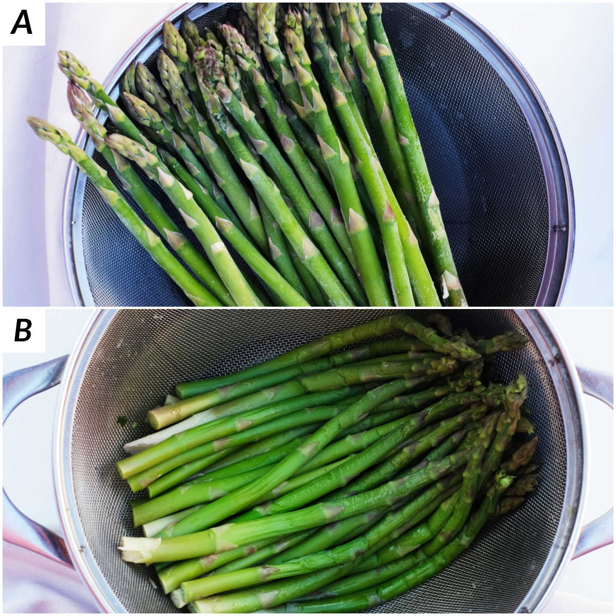 image collage showing the steps for how to cook frozen asparagus in a steamer