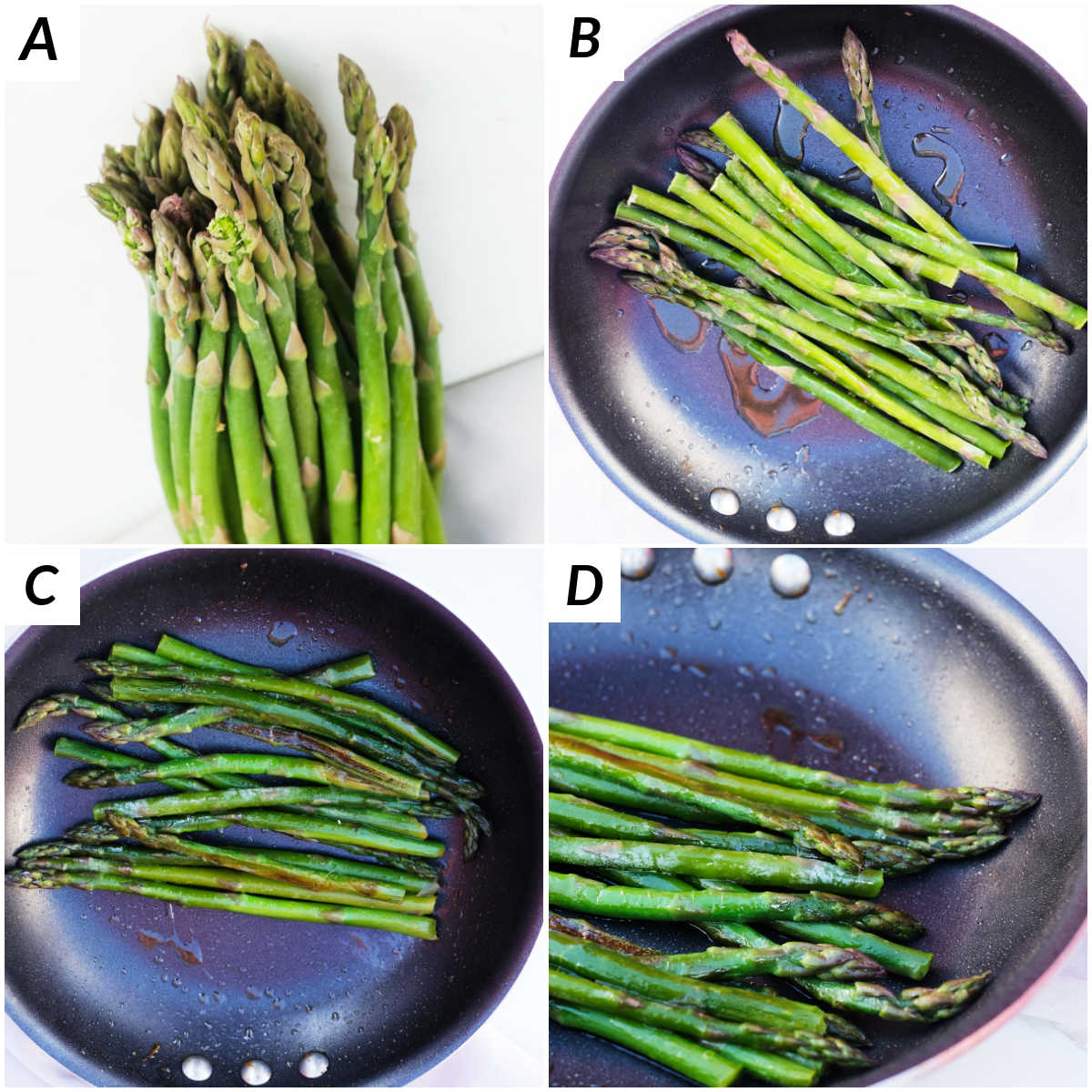 image collage showing the steps for how to cook frozen asparagus in a skillet