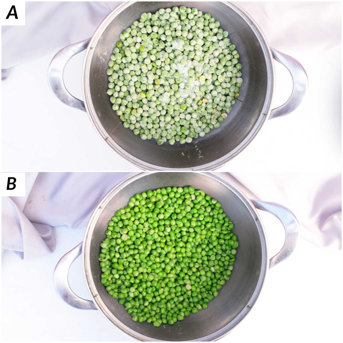 image collage showing how to cook frozen peas by boiling