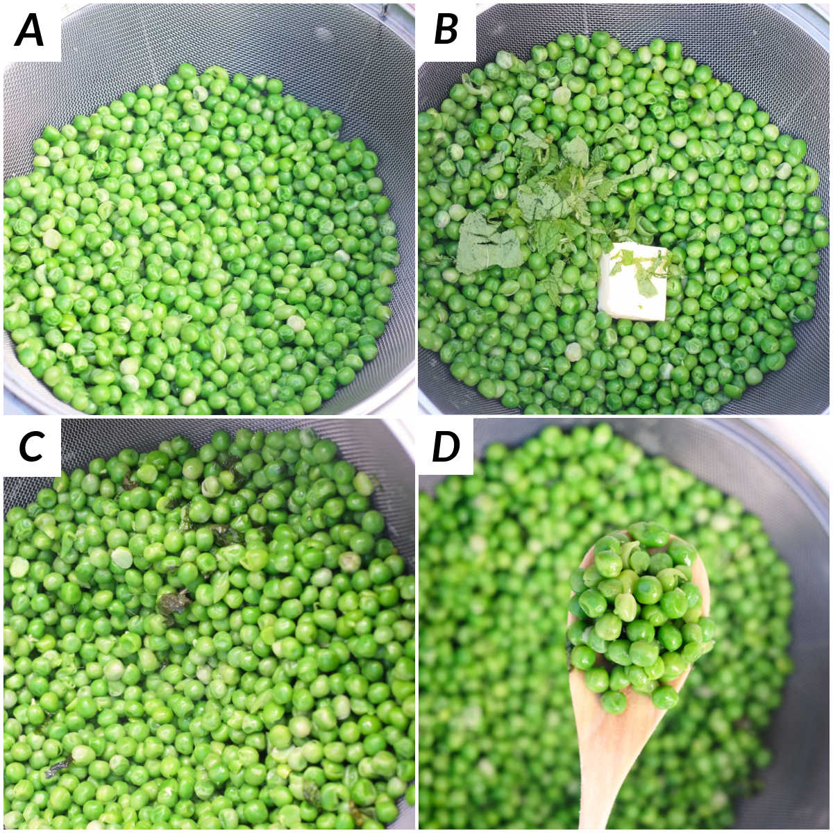 image collage showing the steaming method for how to cook frozen peas