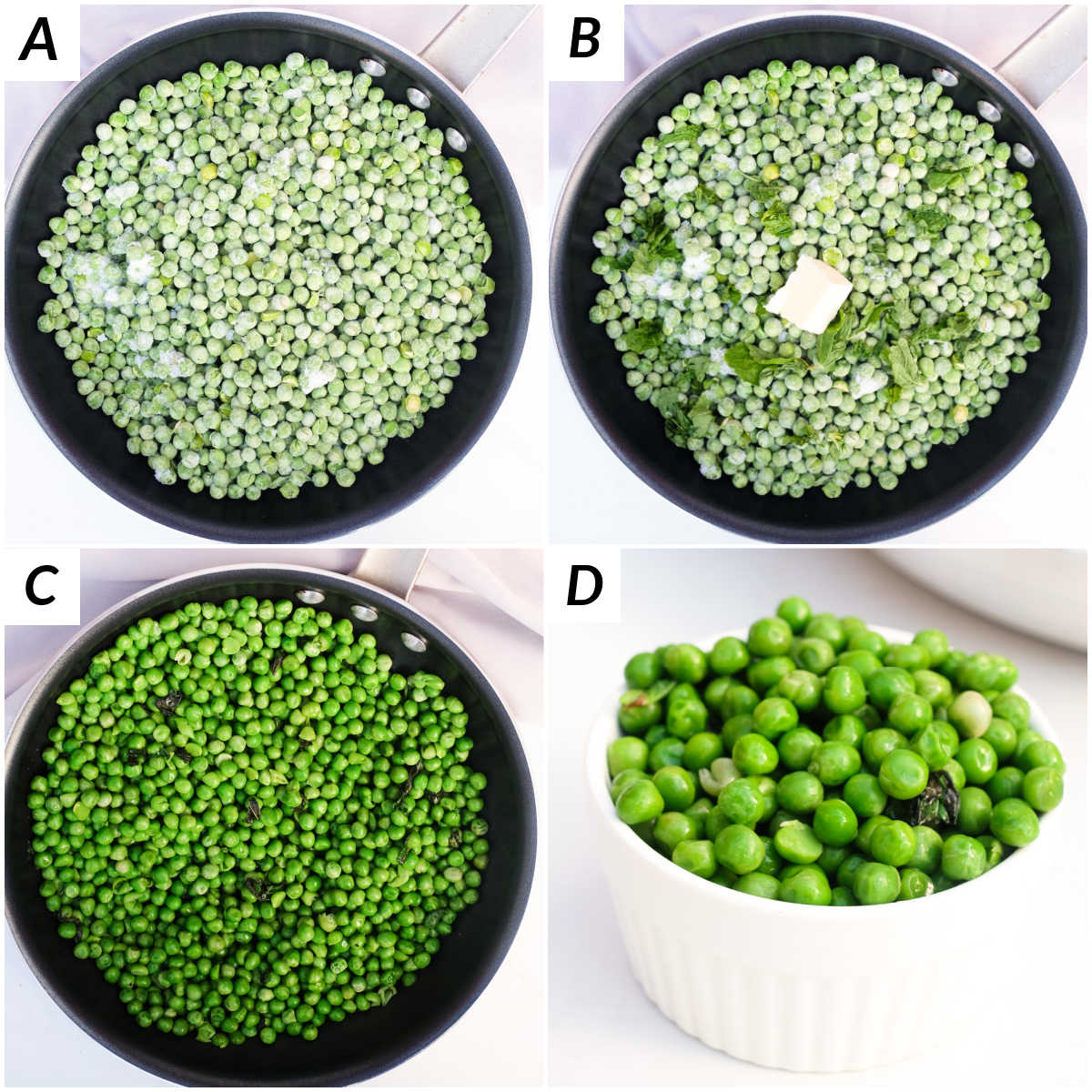 image collage showing how to cook frozen peas in a skillet